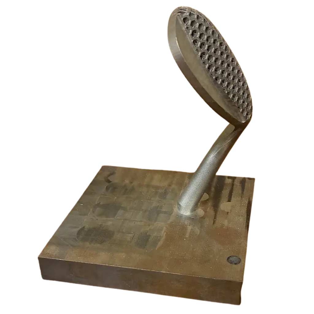 Printed head with a honeycomb lattice face, still standing on its build plate