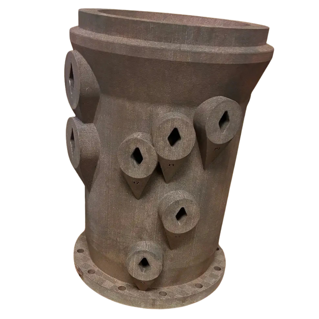 Printed manifold housing with angled port bosses and a bolted flange
