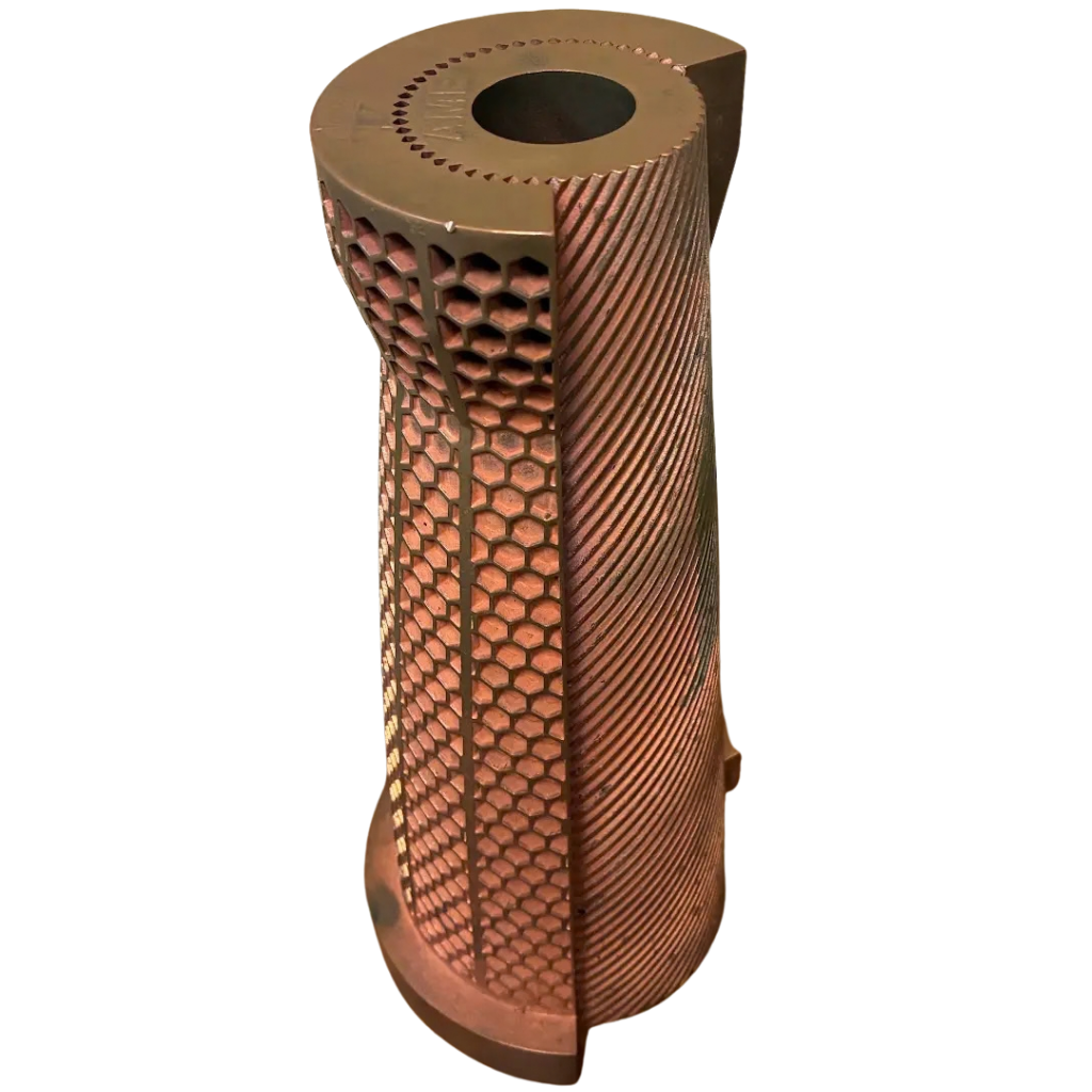 Copper alloy chamber liner with honeycomb and helical cooling channel features, seen from the top