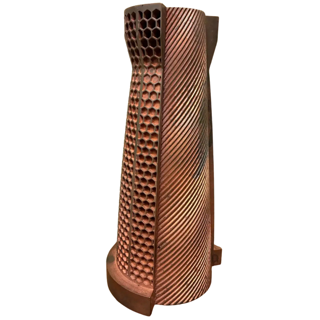 Copper alloy chamber liner with a honeycomb section and helical cooling channels, printed at AME