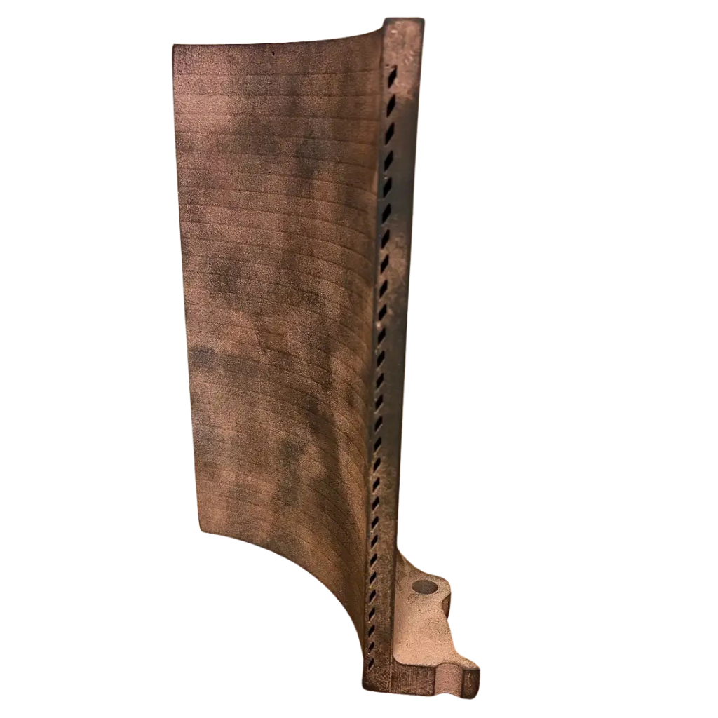 Curved printed blade showing as built layer lines and a row of internal channel openings along its edge