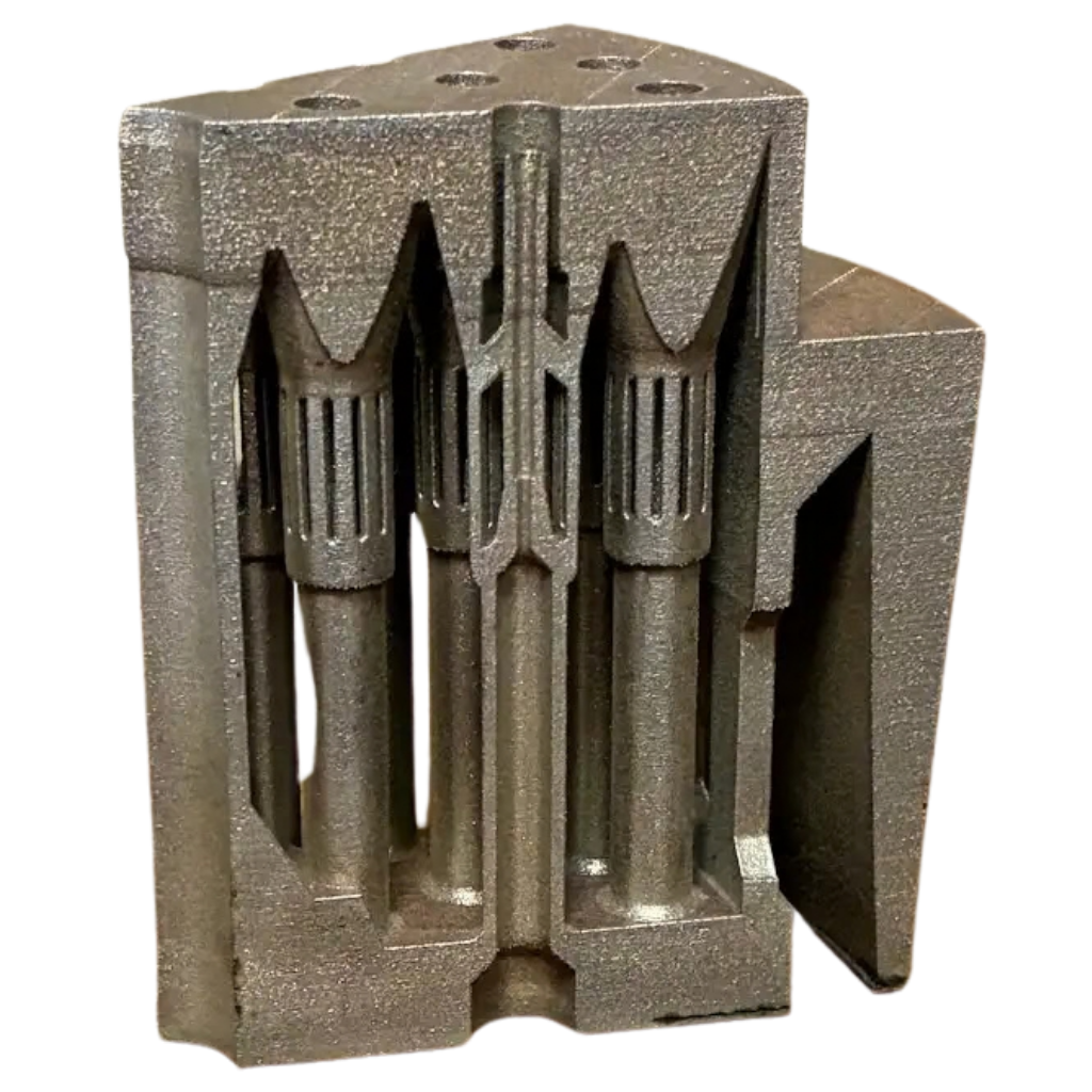 Sectioned injector block showing internal feed passages printed in one piece